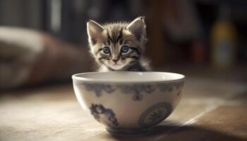 Cute kitten sitting on table, staring with blue eyes generated by AI photo