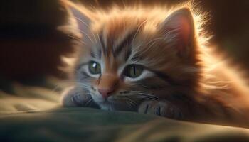 Cute kitten sleeping, fluffy fur, staring at camera with curiosity generated by AI photo