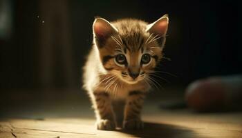 Cute kitten, striped fur, playful, staring, fluffy, domestic cat generated by AI photo