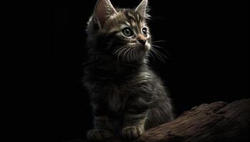 Cute kitten sitting, staring, playful, fluffy, striped, looking at camera generated by AI photo