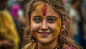 sonriente indio mujer celebrar tradicional festival con vistoso cara pintar generado por ai foto