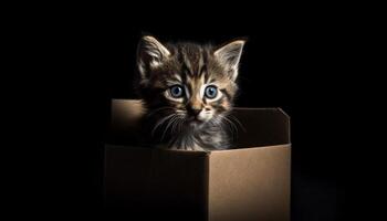 linda gatito sentado en un caja, curioso con azul ojos generado por ai foto