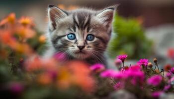 Cute kitten sitting in grass, staring with playful curiosity generated by AI photo