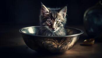 Cute kitten sitting, staring, playful, looking at camera, fluffy fur generated by AI photo