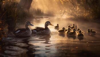 Duckling and gosling swim in tranquil pond, reflecting nature beauty generated by AI photo