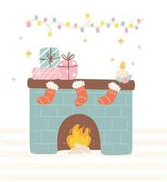 Christmas cozy fireplace with stocking and gift boxes. vector