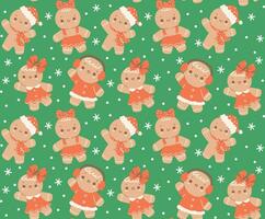 Cute festive Christmas pattern seamless, kawaii gingerbread cookie cartoon character, isolated on green background vector