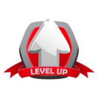 Game silver level up badge and win icon, shield banner of completed level. Level up icon with a silver shield with a red ribbon for gamer mission completed next level achievement. png