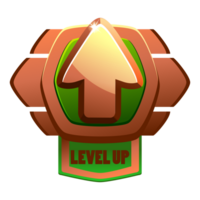 Game bronze level up badge and win icon, shield banner of completed level. Level up icon with a bronze shield png