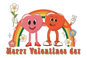 Retro cartoon poster with funny characters. Happy Valentine's Day. Retro style 60s 70s. Vector illustration