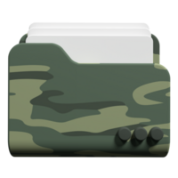 3D rendering illustration of army folder icon with paper document. Simple paper army folder icon. Army folder 3d render icon. 3D render illustration png