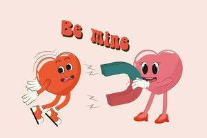 Retro Happy Valentine's Day. Be mine. Love heart character in trendy 60s 70s cartoon style. Vector illustration