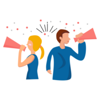 a man and a woman use megaphones to promote and attract audiences. png