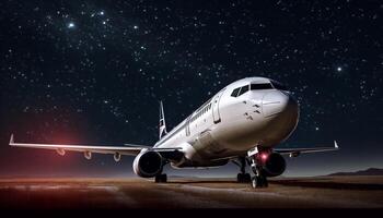 Airplane taking off, flying through the dark night sky generated by AI photo