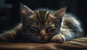 Cute kitten sleeping, fluffy fur, softness, staring with charming eyes generated by AI photo