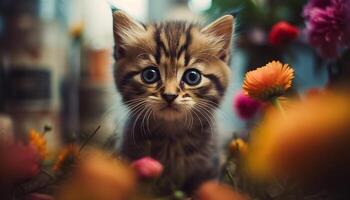 Cute kitten sitting in grass, looking at camera, playful and curious generated by AI photo