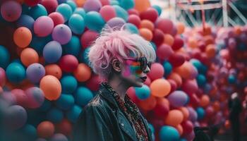 un alegre, vistoso celebracion al aire libre con mujer, globos, y sonrisas generado por ai foto