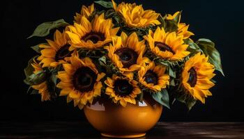 Sunflower bouquet on a wooden table, nature vibrant gift of beauty generated by AI photo