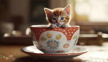 Cute kitten sitting on table, looking at camera, playful and relaxed generated by AI photo