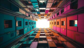 Modern architecture indoors with futuristic design, reflecting cityscape in window generated by AI photo