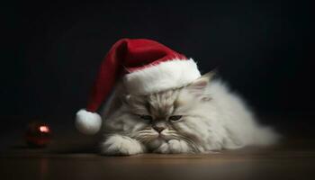 Cute kitten, fluffy fur, celebrating with a small winter gift generated by AI photo