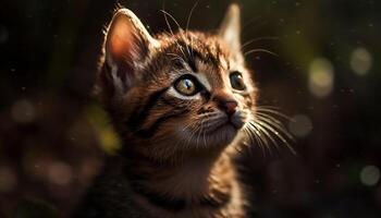 Cute kitten sitting in grass, staring with curious blue eyes generated by AI photo