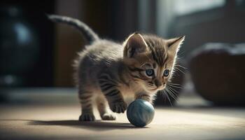 linda gatito jugando con un juguete pelota, mirando a cámara generado por ai foto