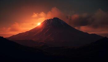 majestuoso montaña cima, puesta de sol cielo, tranquilo escena, panorámico naturaleza generado por ai foto