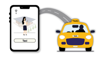 Smart taxi concept, easy to used mobile application for call taxi, Online taxi booking service, Yellow car used as a means of transportation, Online ordering taxi, rent, sharing, contactless payment png