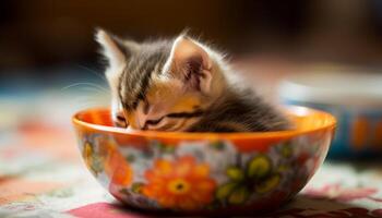 Cute kitten eating, playing with toy, looking playful and hungry generated by AI photo