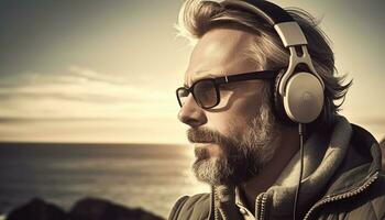 Young adult male with beard enjoying nature, listening to music generated by AI photo