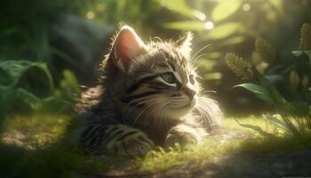 Cute kitten sitting on grass, staring at sunset in meadow generated by AI photo