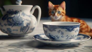 Cute kitten sitting on table, drinking milk from blue saucer generated by AI photo