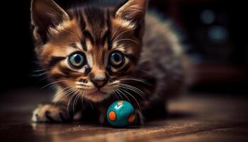 Cute kitten playing with toy, staring at camera on wooden table generated by AI photo