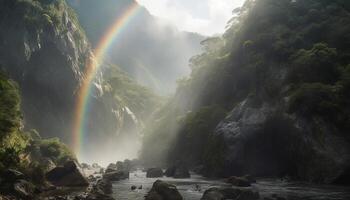 Majestic mountain peak, waterfall flowing, rainbow in the sky generated by AI photo