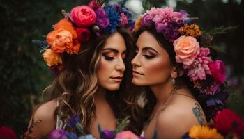 dos joven mujer sonriente al aire libre, abrazando el belleza de naturaleza generado por ai foto