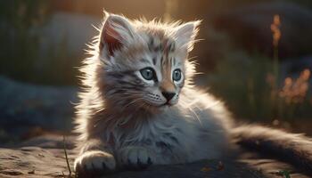 Cute kitten sitting in grass, playful and staring at camera generated by AI photo