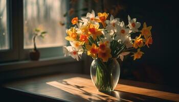 Vase of flowers on table, nature indoors, wood material close up generated by AI photo