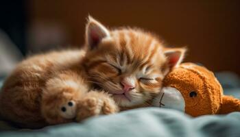 Cute kitten sleeping on a soft toy, cozy and adorable generated by AI photo