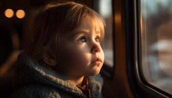 un linda caucásico niño sentado dentro un auto, mirando mediante ventana generado por ai foto