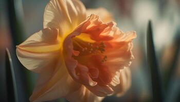 Close up of a vibrant, single tulip blossom in a formal garden generated by AI photo