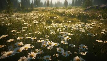 Vibrant meadow, green grass, yellow daisies, tranquil summer sunset generated by AI photo