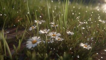 Fresh daisy blossoms in a meadow, nature beauty in summer generated by AI photo