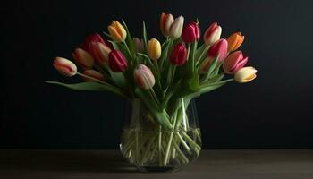 Vibrant tulip bouquet brings nature beauty indoors, a colorful celebration generated by AI photo