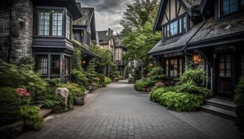 Old fashioned half timbered cottage with a flower filled formal garden generated by AI photo