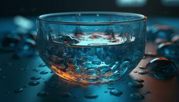 Close up of a wet glass pouring fresh whiskey on table generated by AI photo