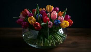 A vibrant bouquet of multi colored tulips brings nature indoors generated by AI photo