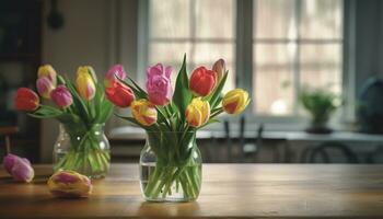 Freshness of springtime blooms in a vibrant bouquet on wooden table generated by AI photo