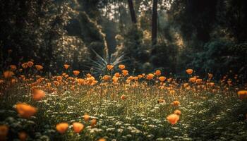 The vibrant meadow blossoms in the tranquil summer sunrise generated by AI photo