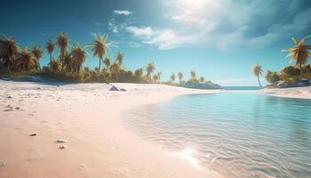 Idyllic tropical coastline, palm tree, turquoise waters, sunset beauty generated by AI photo